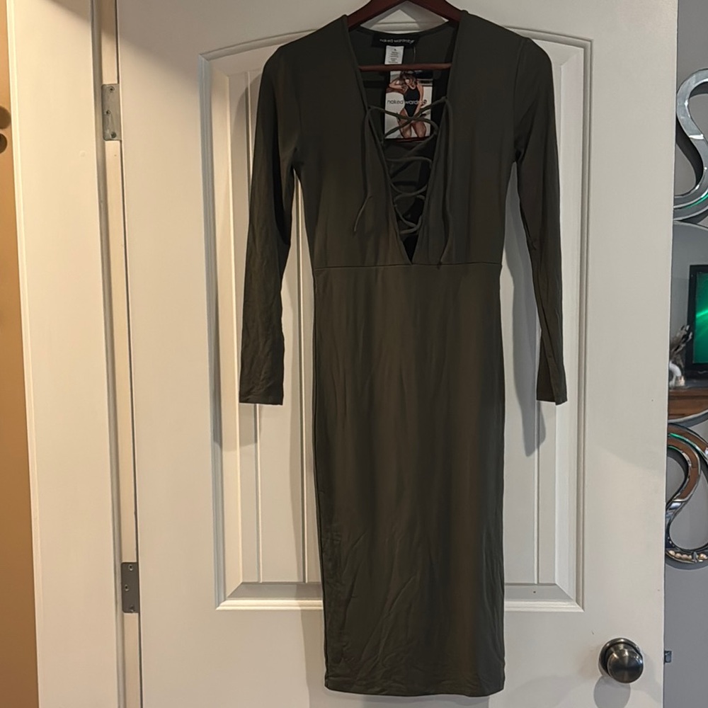 Naked Wardrobe Army Green Long Sleeve Sculpt MIDI Dress